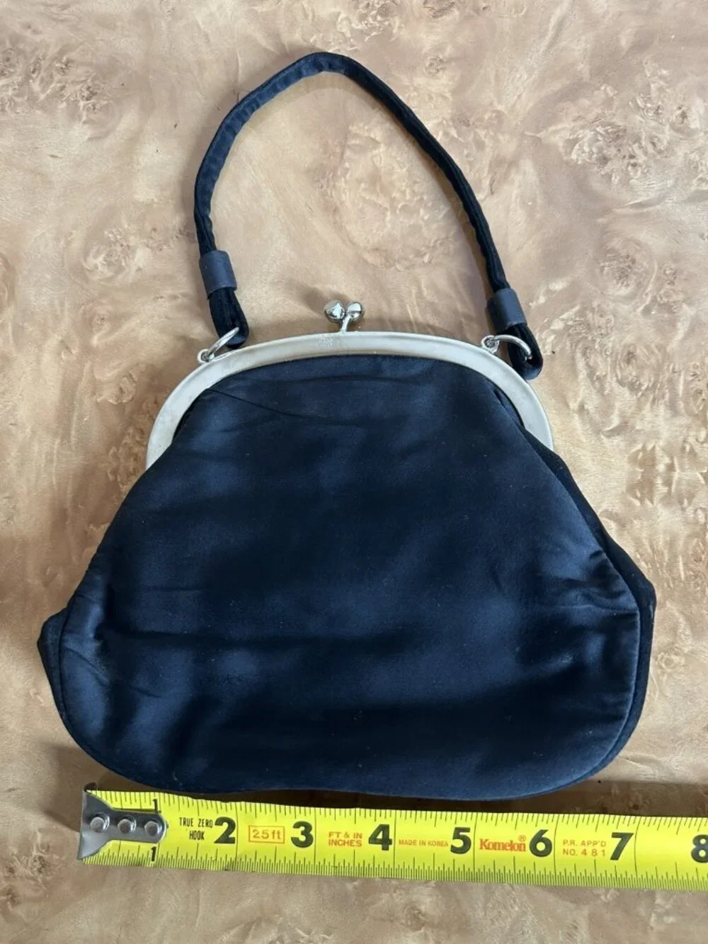 Vintage Garay Black Satin Evening Bag Kiss Lock Clutch Top Handle Cocktail Purse